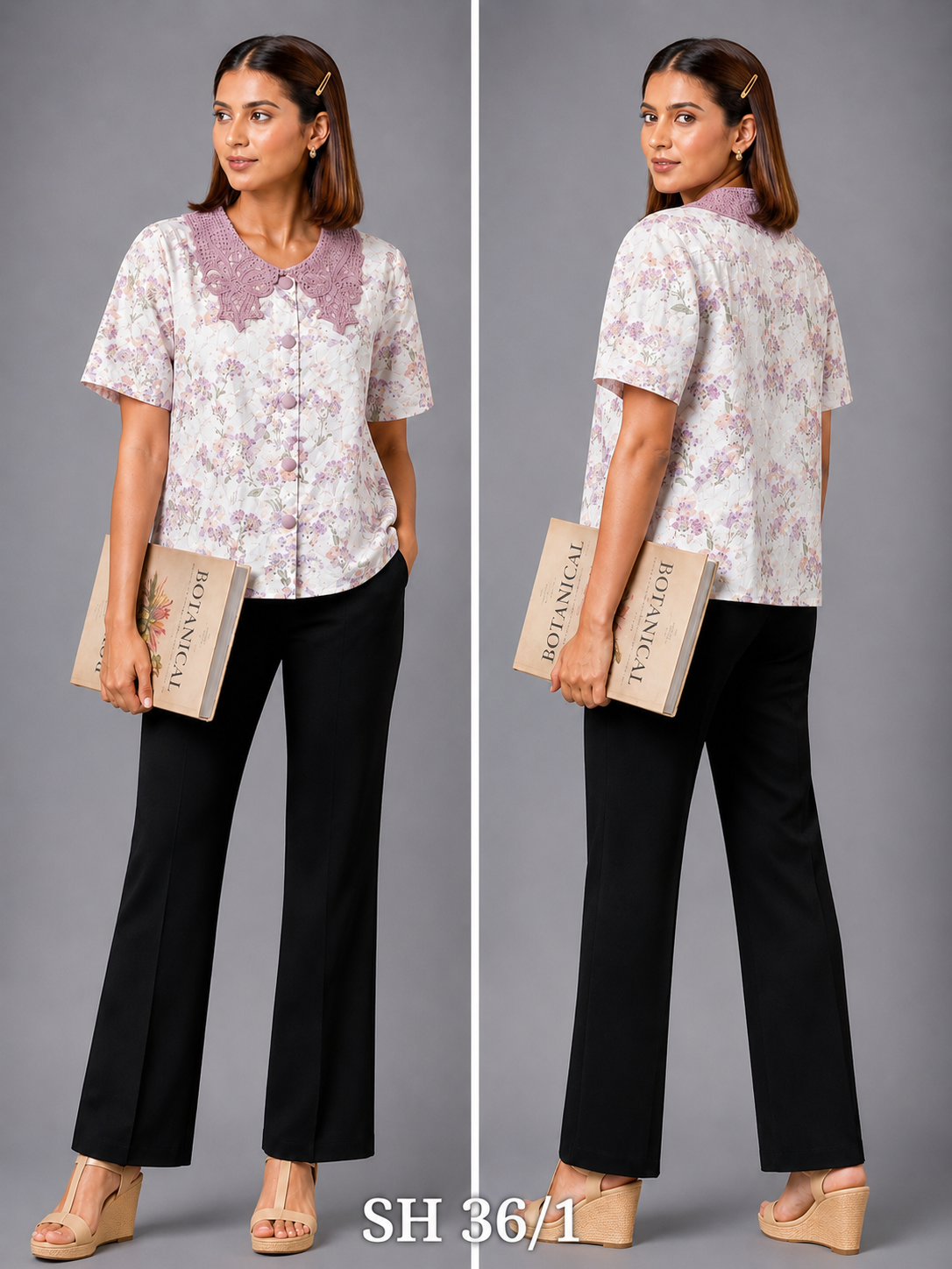 Mauve Cotton shirt with lace collar
