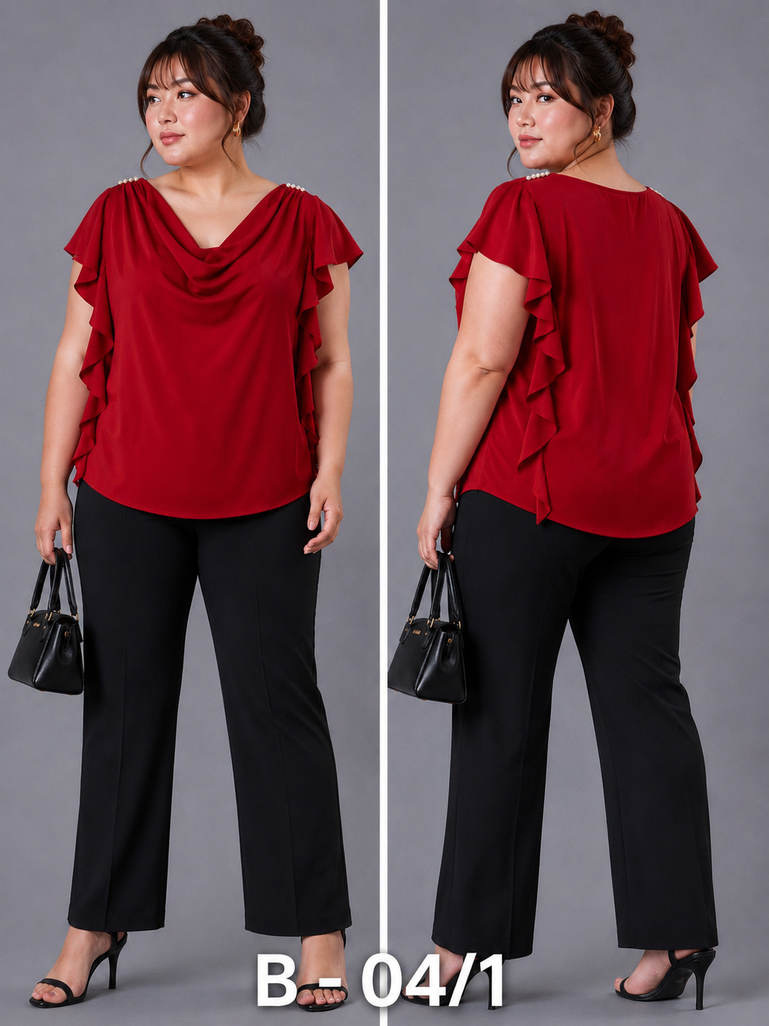 BLOUSE/TOP_COWL NECK_PEARL SHOULDER_PLUS SIZE_DEEP RED