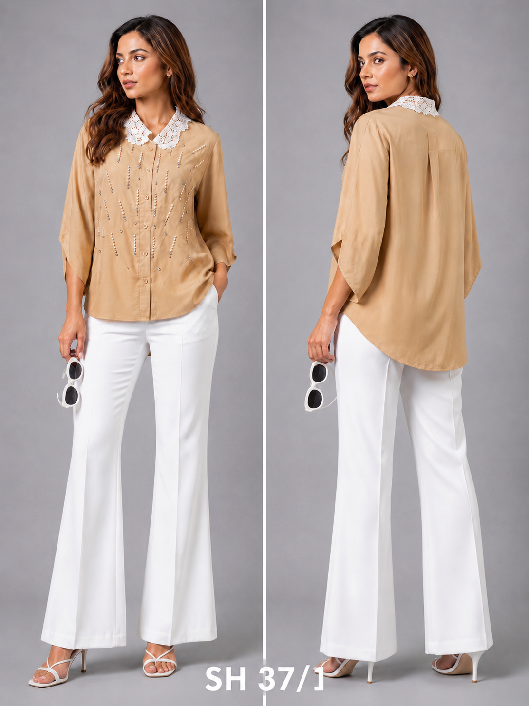 Beige Bejewelled Shirt with lace collar