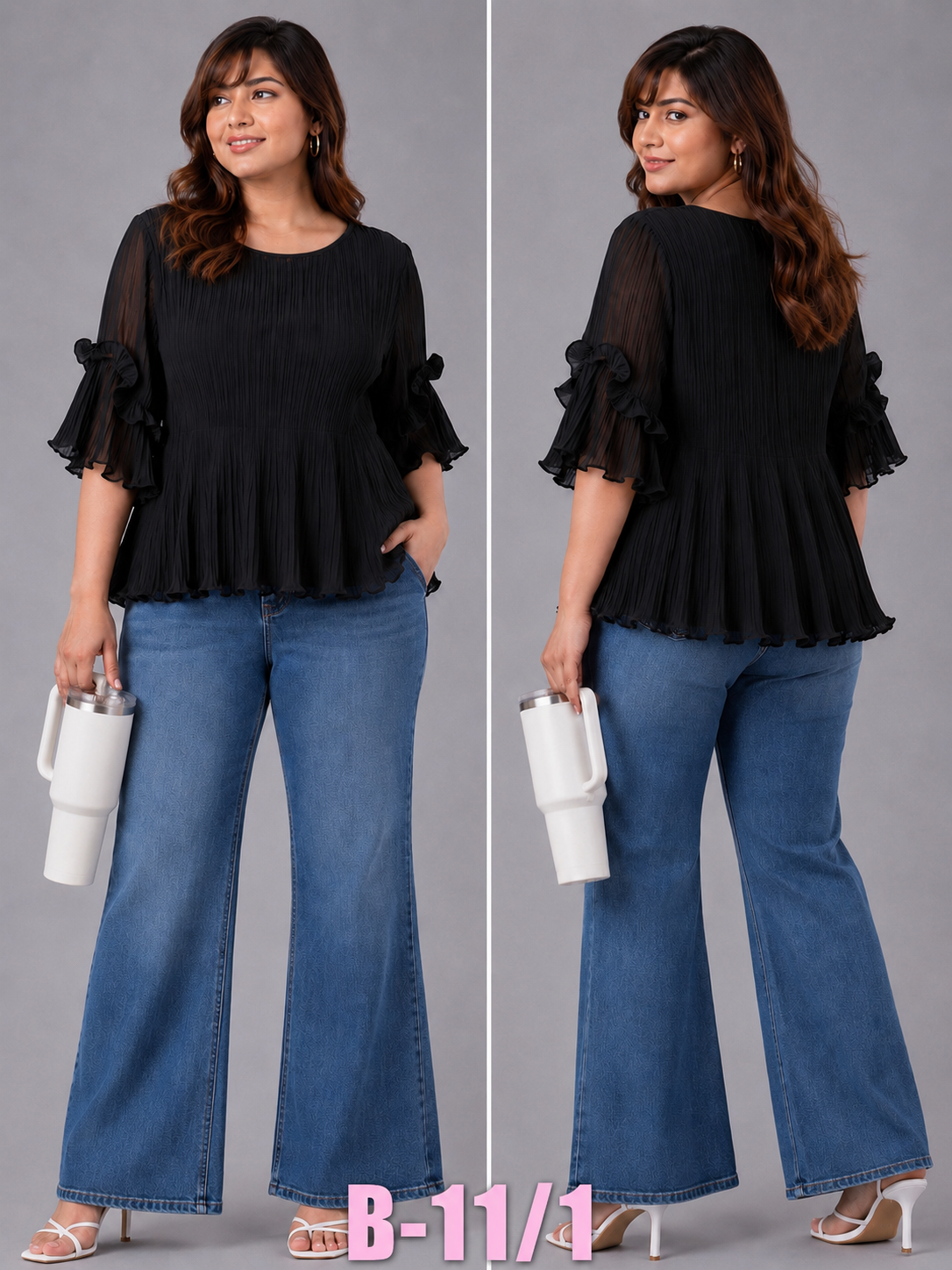 BLOUSE/TOP_CRINKLED_PLUS SIZE_BLACK