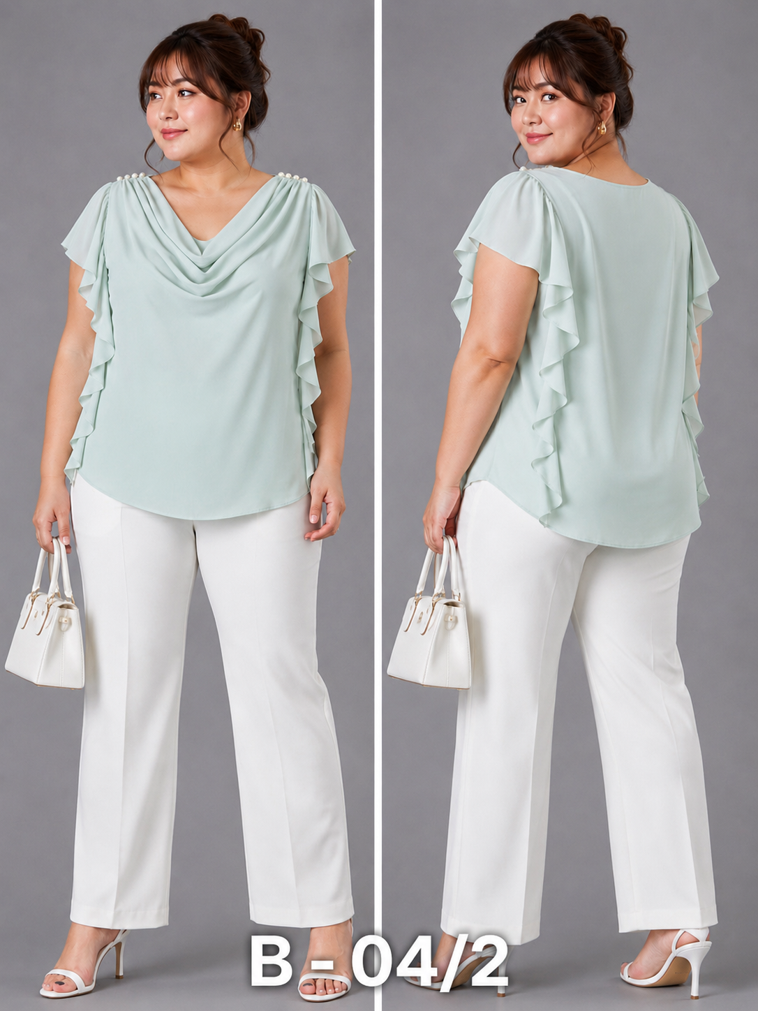 BLOUSE/TOP_COWL NECK_PEARL SHOULDER_PLUS SIZE_AQUA