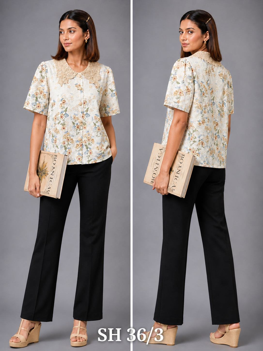 Beige Cotton Shirt With Lace Collar